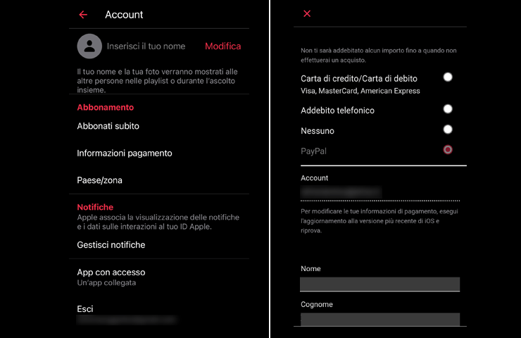 schermate Android per cambiare metodo di pagamento Apple ID da app Apple Music