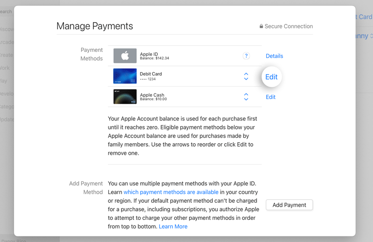schermate MAC per cambiare metodo di pagamento