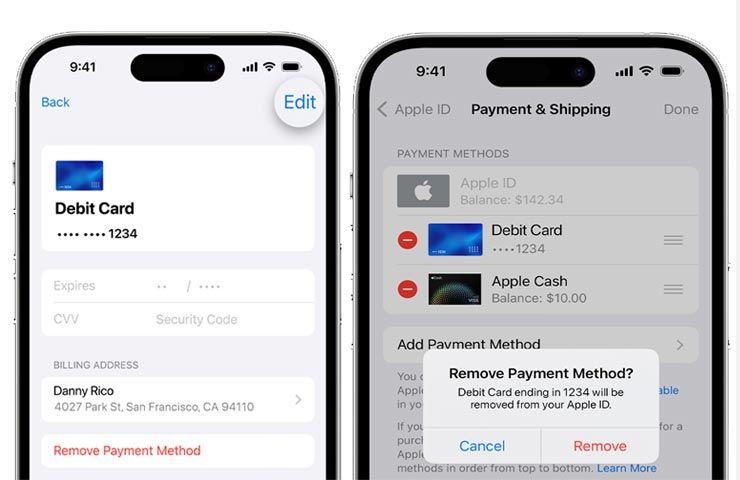 schermate iPhone per cambiare metodo di pagamento
