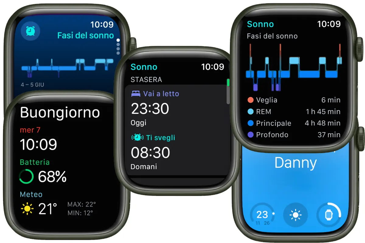 Apple Watch - varie schermate esempio sonno e buongiorno