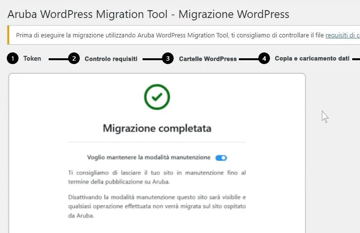 Aruba WordPress Migration Tool - schermata di migrazione completata