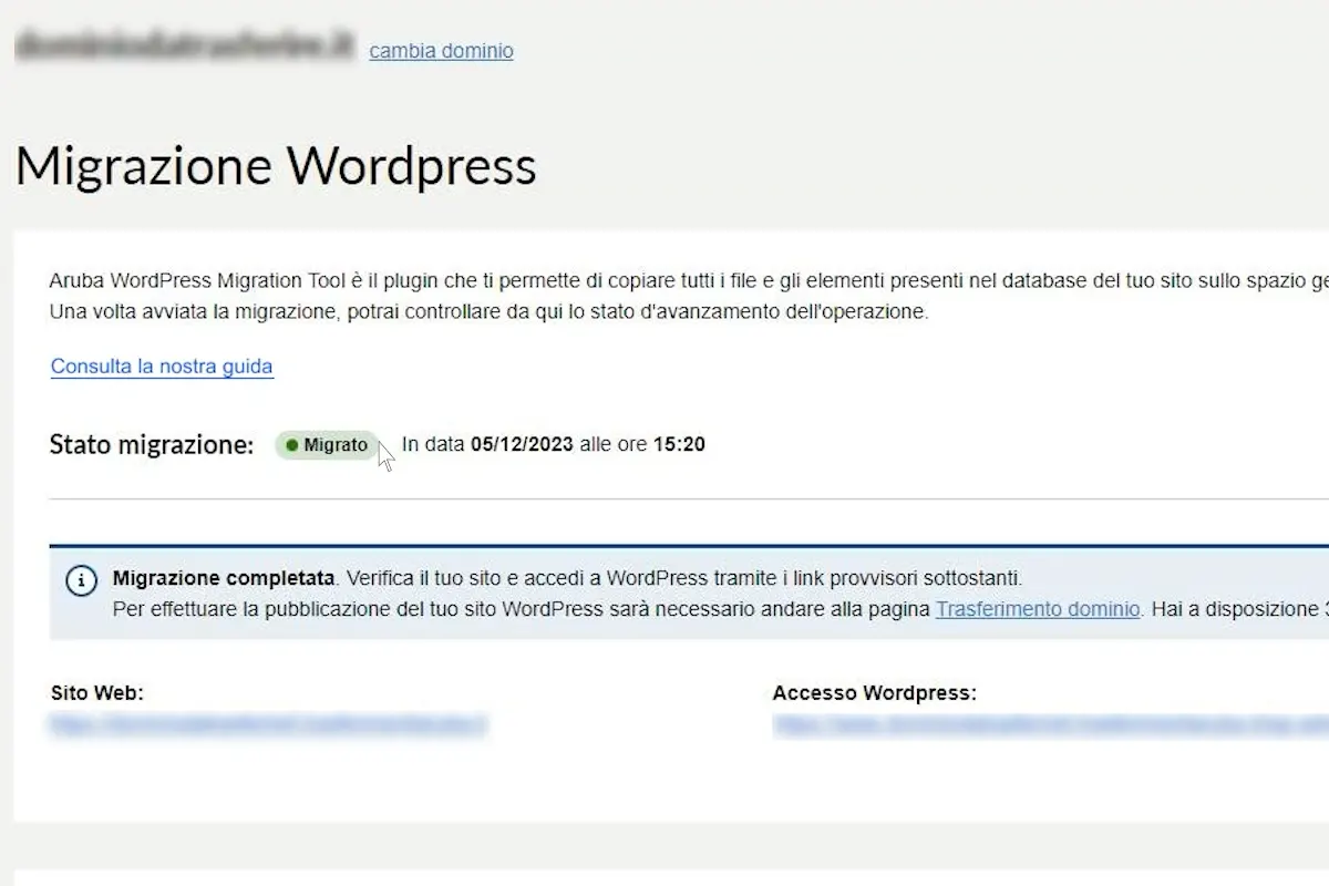schermata di migrazione WordPress in Aruba completata