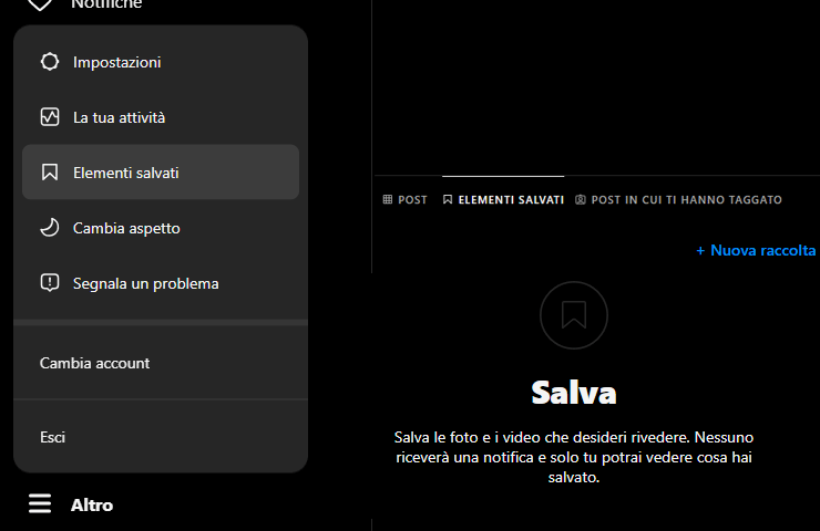 Instagram, schermate sezione 'Elementi salvati'