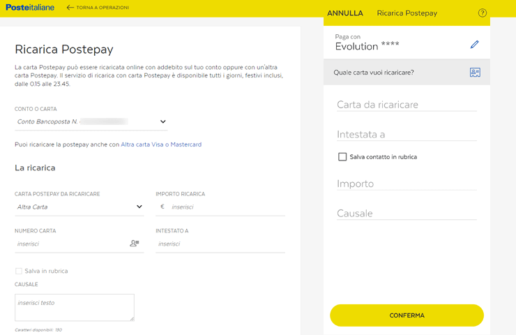 schermate sito Poste Italiane e app Bancoposta su trasferire denaro su altra PostePay