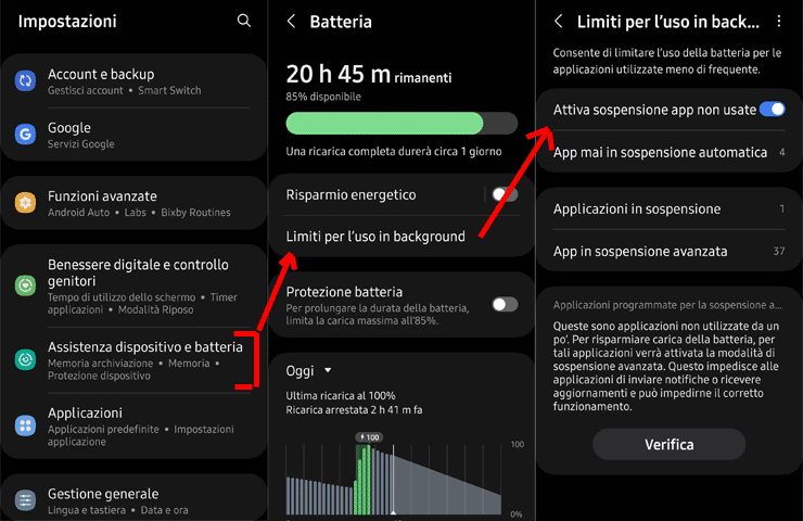 Samsung Galaxy - schermate per attivare sospensione app Android in background per risparmiare batteria