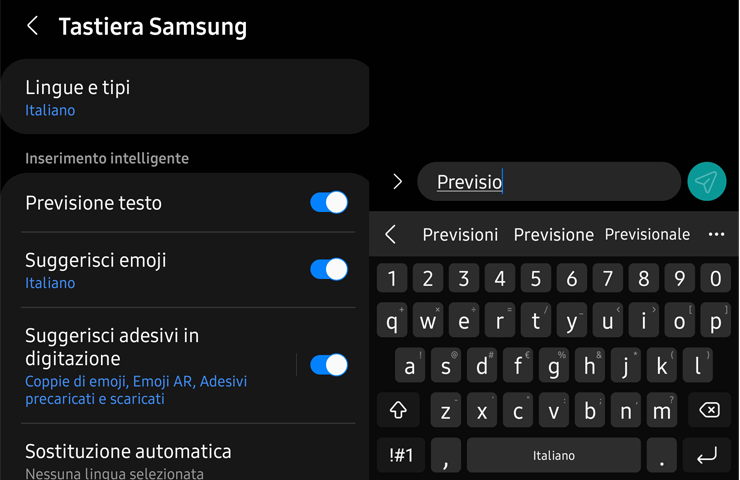 come attivare previsione testo nella tastiera Samsung