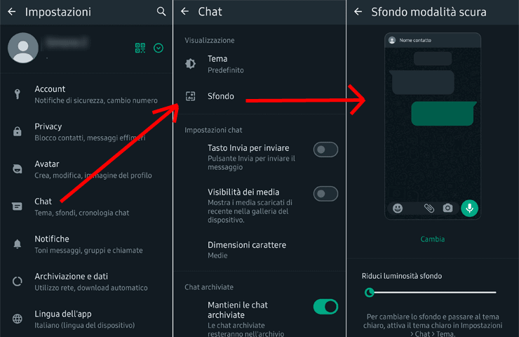 WhatsApp su Android, schermate su cambio sfondo chat
