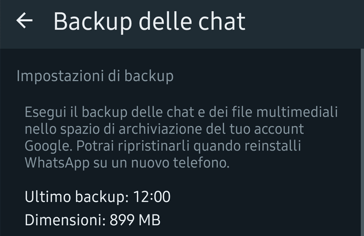WhatsApp - conoscere la dimensione del backup