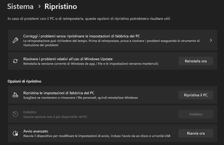 schermata opzioni di ripristino integrate in Windows 11