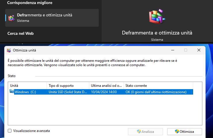 Windows 11 - schermata Ottimizza unità