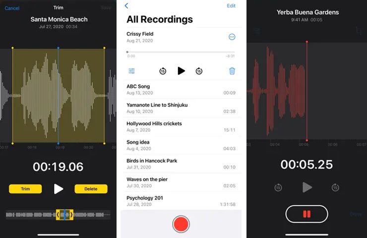 Capturas de pantalla de la aplicación Apple Voice Memos en iPhone