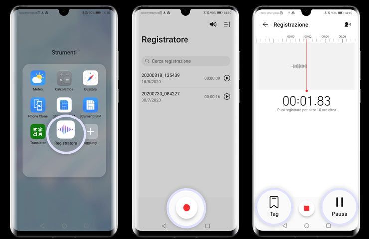 Capturas de tela do aplicativo Voice Recorder na Huawei