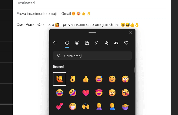schermata email con emoji in Gmail per Windows