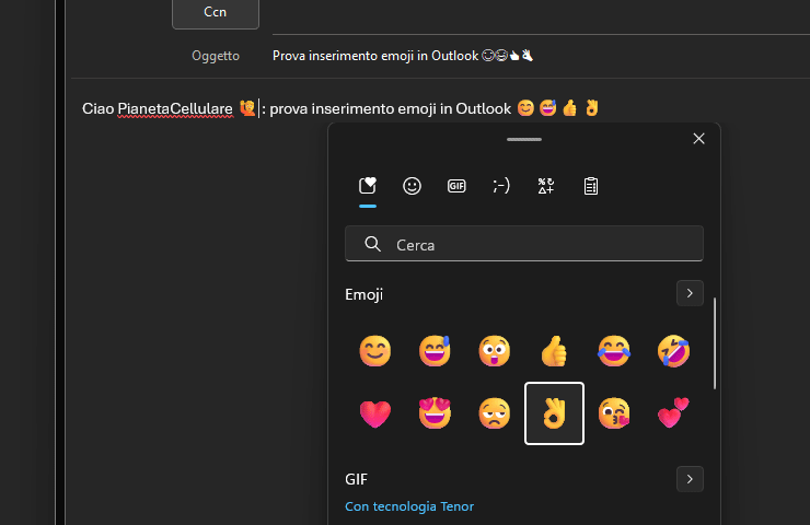 schermata email con emoji in Outlook per Windows